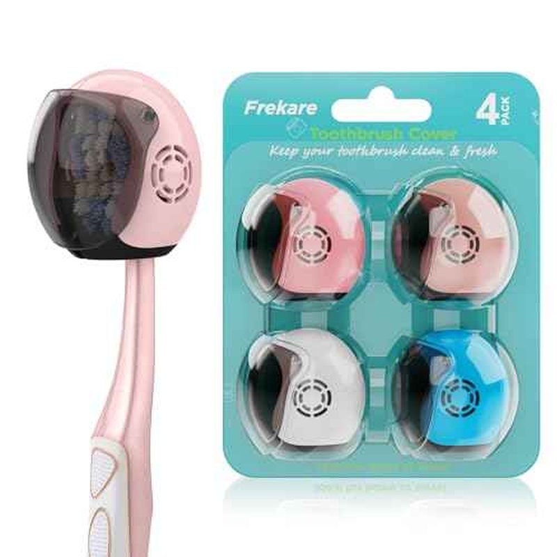 Helmet Toothbrush Covers Caps, Toothbrush Head Protector for Household Travel, Fits Most Manual and Electric Toothbrushes, 4 Count (Blue, White, Pink, Rose Pink)