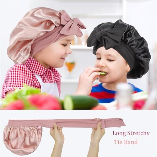 2 PCS Kids Bonnet for Girls Double Layer Silk Satin Bonnet Sleep Cap for Child Curly Natural Hair 3-12Y (pink&black)