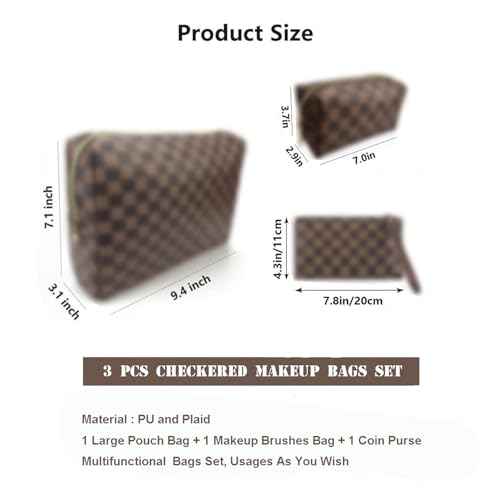 bopomofo Brown Checkered Cosmetic Bag 3 Pack,1 Big Pouch,1 Makeup Brushes Holder, 1 Coin Purse,Portable Travel Makeup Bag Set Lightweight and Waterproof Storage Bag Organizer (Brown Checkered 3 Pcs)