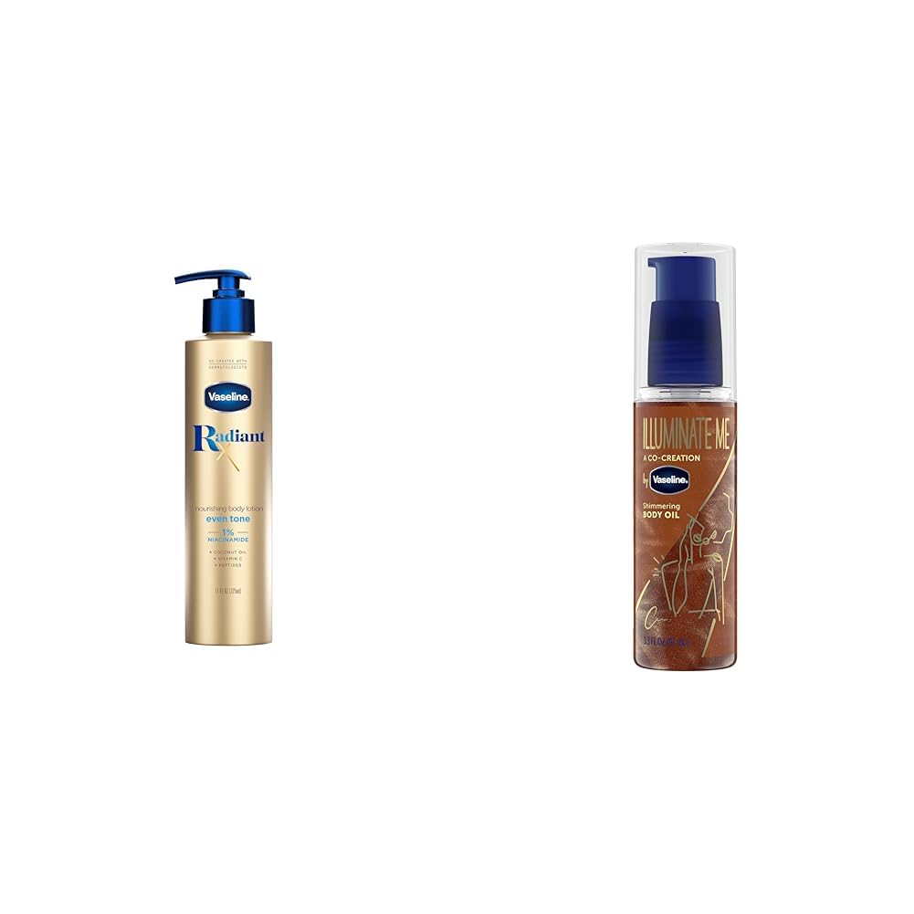 Vaseline Radiant X Even Tone Nourishing Body Lotion With 1% Niacinamide, Coconut Oil, Vitamin C, & Peptides 11 oz & Illuminate Me Shimmering Body Oil Created for Melanin Rich Skin
