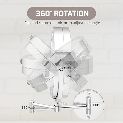 OVENTE Wall Mounted Lighted Makeup Mirror, 9" Double Sided 1X/10X Magnifying Vanity Mirror for Bathroom with LED Lights, Cordless, 360¡Æ Rotation and 13" Extendable Arm, Polished Chrome MFW85CH1X10X