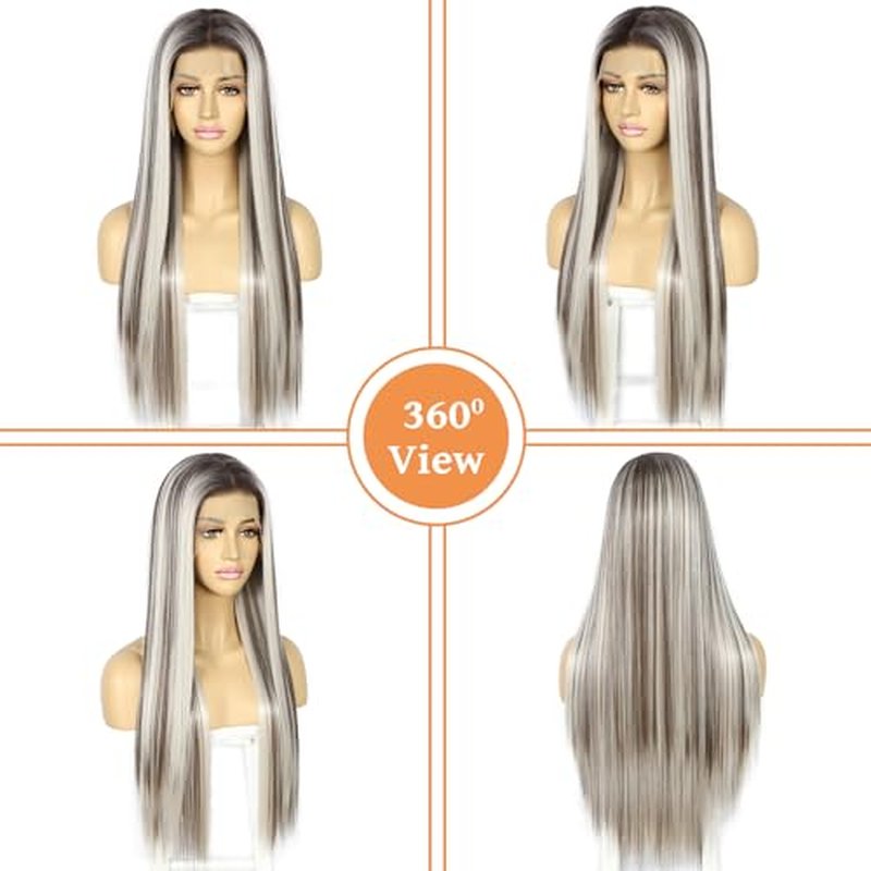 SAPPHIREWIGS Straight Synthetic Lace Front Wigs for Women Ombre Platinum Blonde Wigs with Brown Highlight Glueless 13¡¿6 Long Silky Straight Wig Pre-plucked Hairline Daily Use 26 Inches