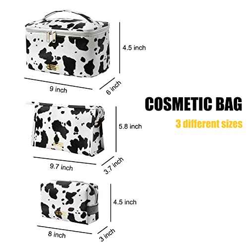 MIRASON Makeup Bag Travel Toiletry Bag for Women, Cute Make Up Bag Set of 3 for Purse Pouch Zipper Makeup Organizer Bag PU Leather Washable Waterproof Cosmetic Bag (Cow Print)