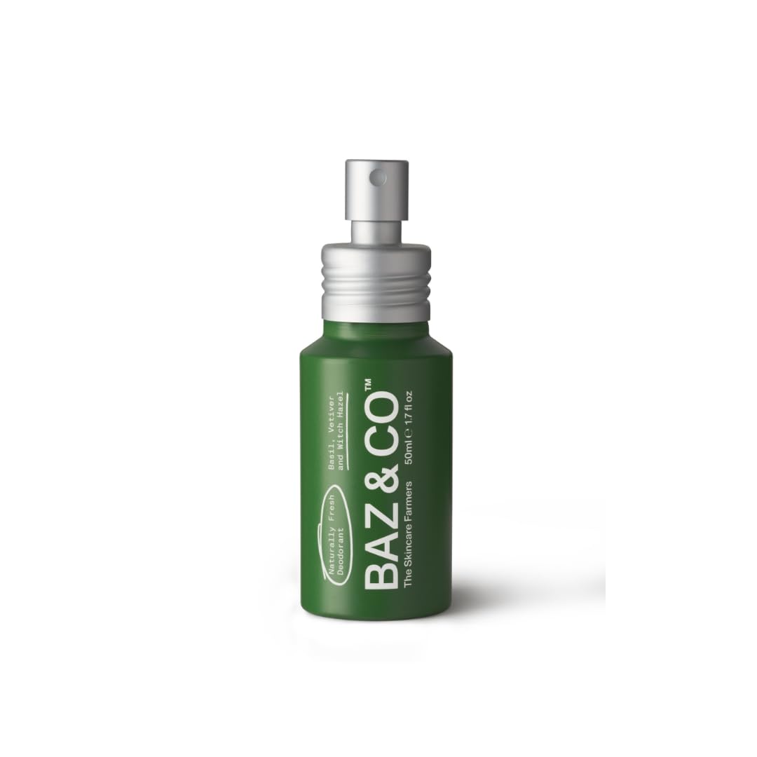 BAZ & CO Naturally Fresh Travel Size Deodorant Body Spray for Men | Aluminium Free Deodorant | Basil, Vetiver & Witch Hazel | 50ml