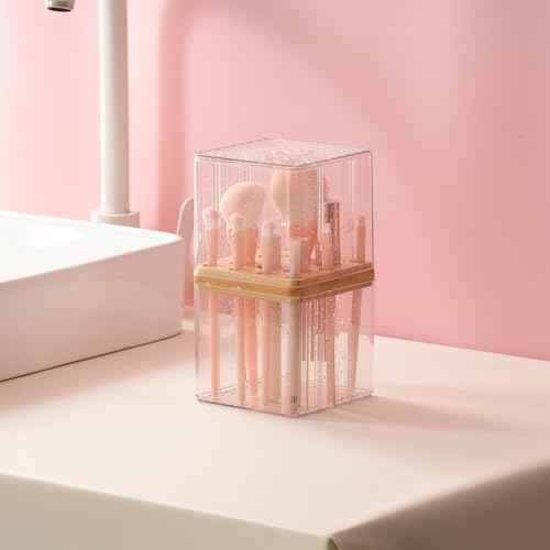 SUNFICON Makeup Brush Holder with Cover Makeup Brush Container With Lid Clear Makeup Brush Holder Organizer Waterproof Dustproof Beauty Brushes Storage Case Stand for Vanity Bathroom Countertop,Gift