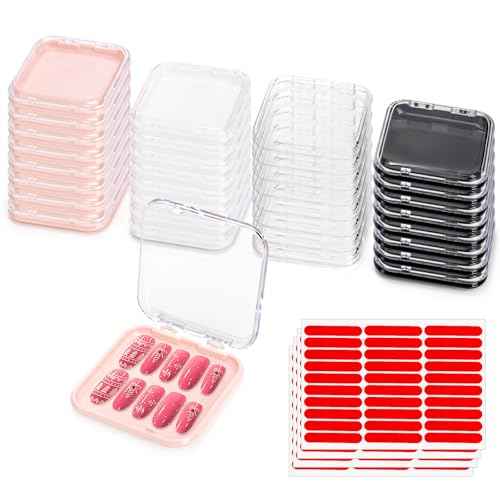 Jucoan 32 Pack Press on Nails Boxes, 2.75 x 2.75 Inch Press on Nail Display Case, Acrylic Fake Nails Storage Package Containers with 120 Adhesive Nail Tapes for Press on Nail Business Nail Art Salon
