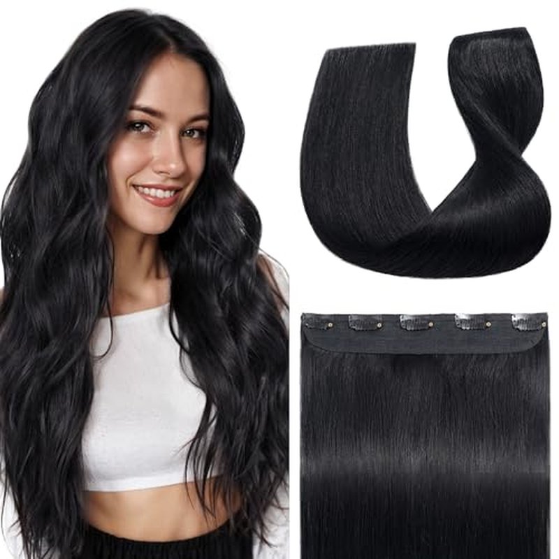 S-noilite One Piece Hair Extensions Clip in Human Hair 5 Clips 3/4 Full Head Clip on Remy Hair Extension for Women,One-Piece Design Adding Hair Volume 20 Inch 50g #Jet Black