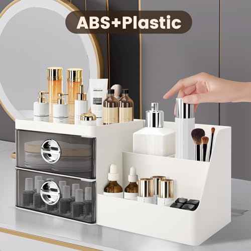 Makeup Organizer with Clear Drawers,Plastic Skincare Organizers for Vanity,Large Capacity Makeup Organizer Countertop for Cosmetics, Skincare,Office Stationery (Gray Drawer)