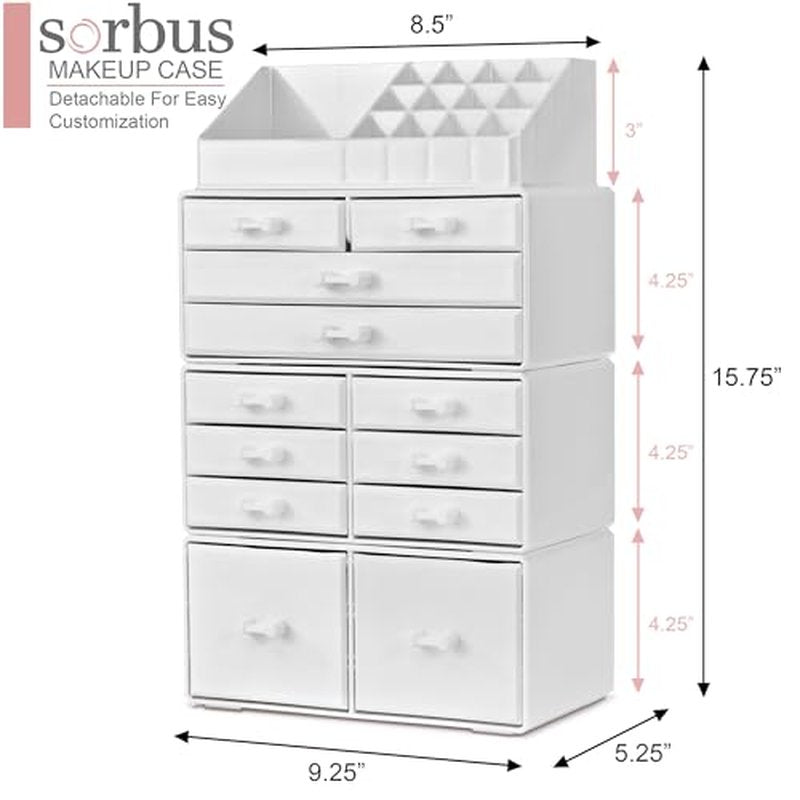 Sorbus Large Makeup Organizer - Stackable Jewelry & Makeup Organizer For Vanity, Bathroom Storage, Dresser - 12 Drawers Cosmetic Beauty Organizers and Storage with Lipstick, Makeup Brush Holder