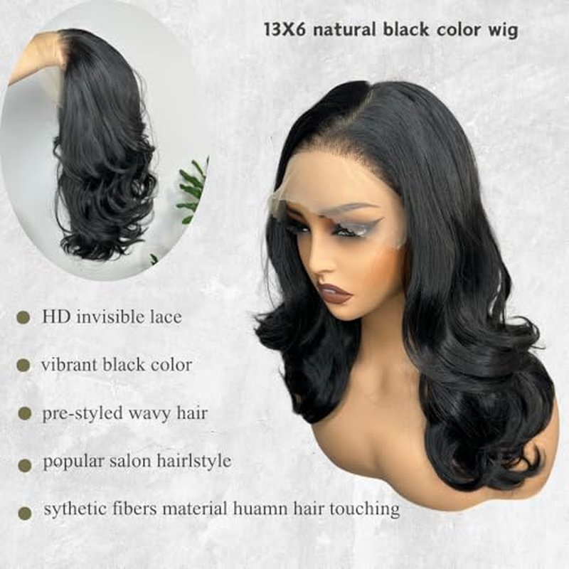 13X6 Body Wave Lace Front Wigs Black Wavy Synthetic Lace Front Wig HD Glueless Lace Wigs Pre Plucked Natural Hairline With Baby Hair 18 Inch Wear And Go Wigs For Black Women