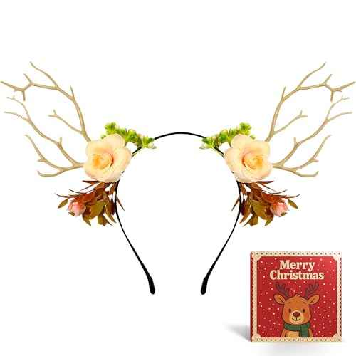 Yumikoo Deer Ears Antlers Christmas Headband - Flower Christmas Costume Hair Accessories for Women