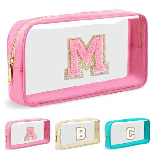 Personalized Initial Letter Clear Makeup Bag,Preppy Small Nylon&PVC Cosmetic Zipper Bag with Chenille Letter,Portable Beach Travel Skincare Toiletry Bag,Trendy Monogram Gift for Teen Girls Women,M
