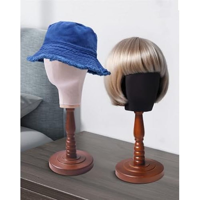 UnPinnable Canvas Mannequin Head Wig Head Stand Mannequin Head Hat Display Wig Head Hat Racks Standing Wig Holder Fabric Mannequin Head Stand for Wigs, Hats, Caps, Headdress, Canvas Dome+Wood Base