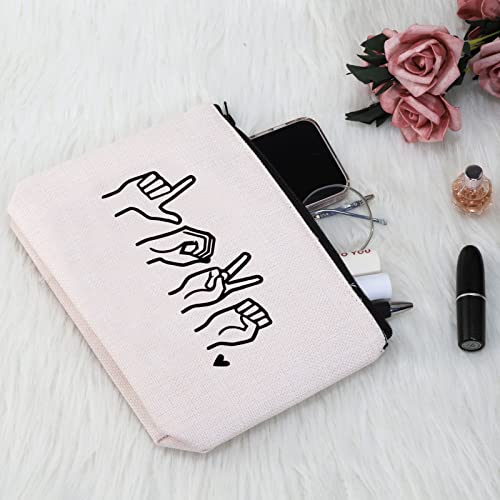 G2TUP American Sign Language Gift Love Sign Language Makeup Bag ASL Cosmetic Bag ASL Teacher Thank You Gift Deaf Community Gift Zipper Travel Bag (Love Sign Language White Bag)