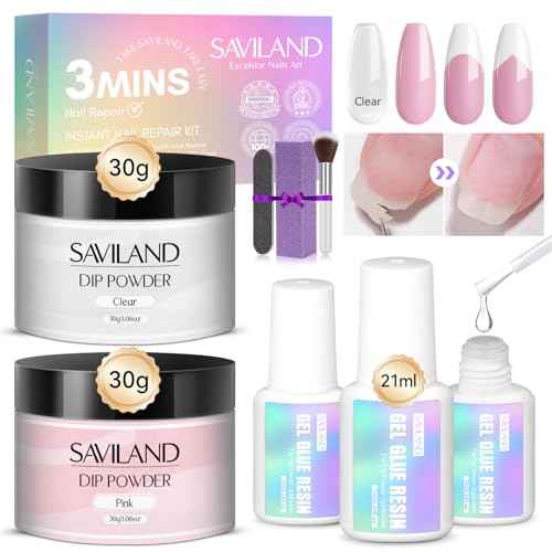 SAVILAND 60g Nail Repair Kit for Split Damaged Nails: 3 Mins Air Dry Quick & Easy Instant Broken Nail Repair Natural Clear & Pink Dip Powder with 21ml Nail Repair Glue Emergency Home & Salon Use