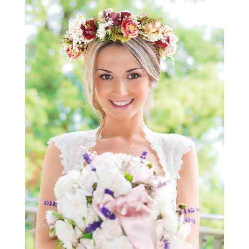 Rose Flower Crown Women Boho Flower Headband Hair Wreath Floral Headpiece with Ribbon Flower Leaves Crown for Wedding Festival Party Photos