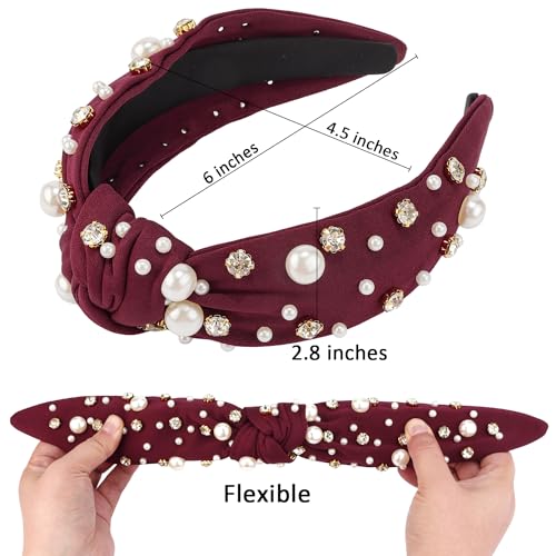 Pearl Knotted Rhinestone Wide Top Knot Beaded Jeweled Headbands for Women's Hair - Crystal Embellished for Christmas Holiday Gifts