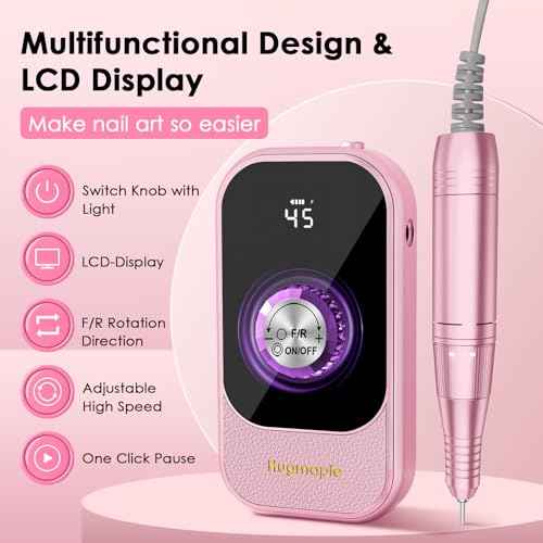 Professional Electric Nail Drill File, HUGMAPLE 45000RPM Portable E-File Machine with Bits & Base, Rechargeable Cordless Nail Drill Kit for Shaping, Removing & Polishing Gel Nails for Salon Home