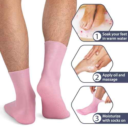 Noverlife 2 Pairs Moisturizing Silicone Socks, Reuseable Men's Pedicure Socks for Dry Cracked Rough Feet Skin, High Elastic & Anti Slip Moisturizer Spa Socks, Dry Heels Gel Socks - Pink & Tan