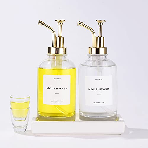 Molimoli Hand Bathroom Soap Dispenser Set, Glass Mouthwash Dispenser for Bathroom, Dish Soap Dispenser for Kitchen Sink, Soap Dispenser Pump, 500ml/16.9 Oz, Set of 2, Gold