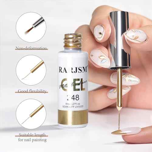 RARJSM Metallic Nail Art Gel Liner Bronze Gold Mirror Chrome 3D Effect Gel Nail Polish 8ml Build in Thin Brush Metal Painted Drawing Striper Painting Gelpolish Soak off Curing Requires for Home Salon