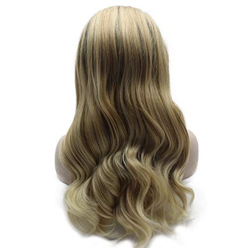 MX angel Long Wavy Ombre Blonde Hand Tied Synthetic Wig Lace Front Heat Resistant Fiber Hair Wig