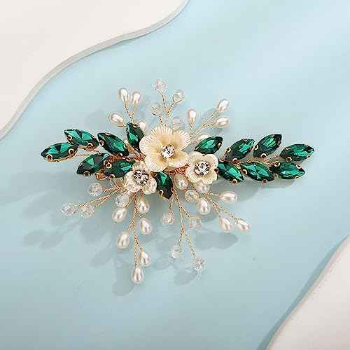 Teyglen Crystal Bridal Hair Clip Wedding Flower Green Rhinestone Hair Clips Handmade Pearls Crystal Hair Pieces Barrette Wedding Hair Accessories for Bride Floral Flower Headpieces for Women Girls