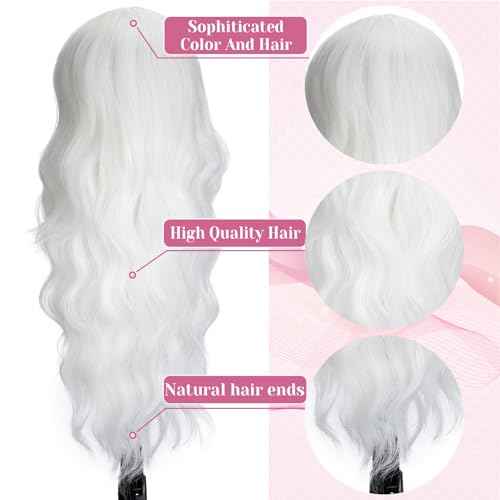 MYQUEEN White Wig for Women Long Wavy Wig 26 Inch Glueless Curly Synthetic Lace Front Wig Middle Part Natural Looking Heat Resistant Fiber Wig for Party Holloween Cosplay