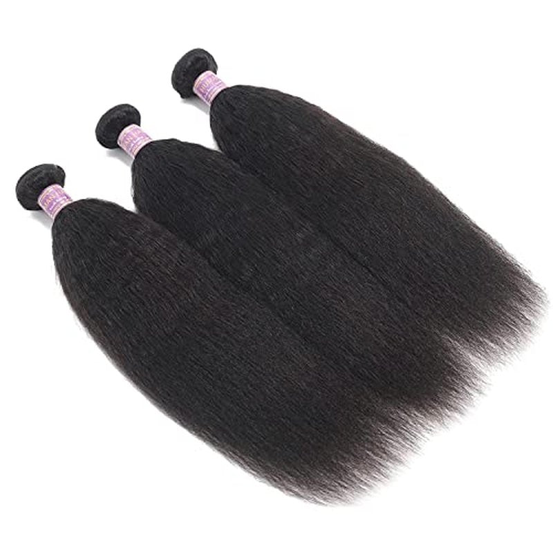 Kinky Straight Human Hair 3Bundles Natural Black Yaki Straigh Brazilian Virgin Remy Hair Grade 10A 100% Unprocessed Kinky Straight Human Hair Extensions (8 10 12 Inch, 3 Bundles)