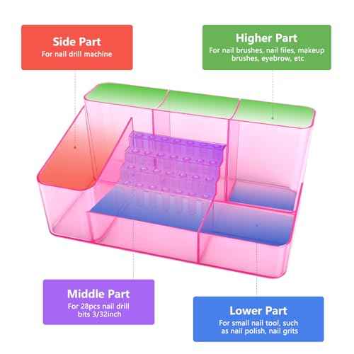 Nail Drill Holder & 28 Holes Nail Drill Bits Holder, Transparent Acrylic Nail Drill Machine Storage Box, Professional Nail Drill Organizer Case for Manicure tools (Pink)