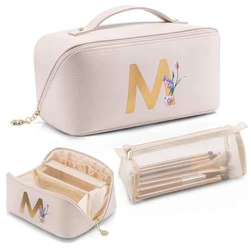 Vlando Mothers Day Gifts,Initial Makeup Bag,Travel Makeup Bag,Teacher Appreciation Gifts Birthday Gifts Bridesmaid Gifts Bride Wedding Gifts Graduation Gifts Valentine's Day Gift(Letter M)