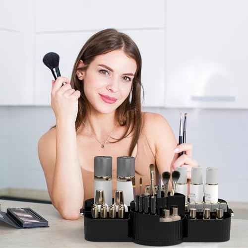 Rotating Makeup Organizer Cosmetic Display Case, Used for Vanity Makeup Brushes, Lipstick, Perfume and Various Skin Care Products - Spacious and Fashionable Storage Solution (Black)