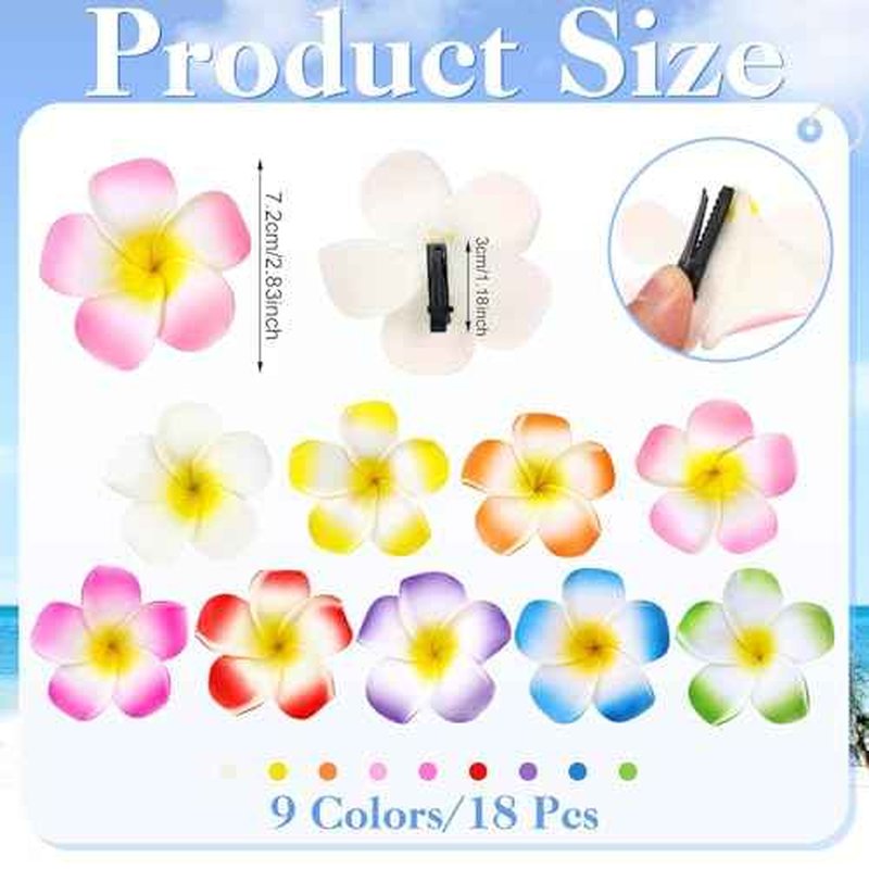 18 Pcs Hawaiian Flower Hair Clips, 2.75 Inch Plumeria Foam Hair Clip Artificial Tropical Flower Hairpins for Beach Vacation Wedding
