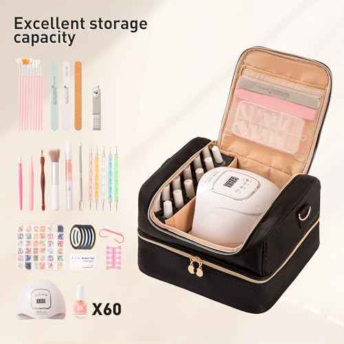 Nail Polish Organizer Bag Nail Case Holds 60 Bottles & Nail Lamp Gel Nail Polish Organizer Nail Kit Organizers Travel Nail Tech Carrying Case for Manicure Supplies (Black)
