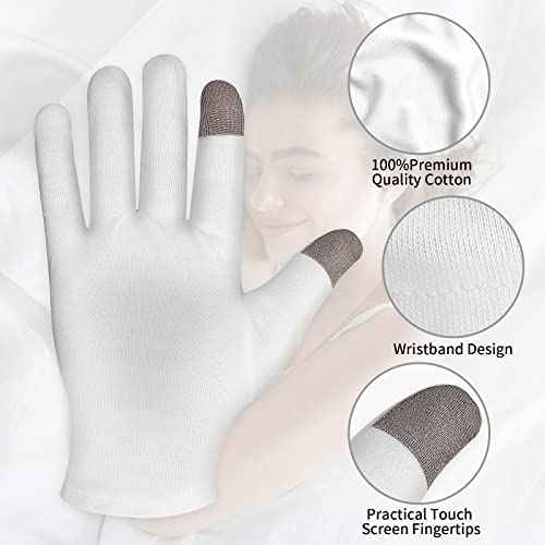 Sibba 2 Pairs Touch Screen Moisturizing Gloves White Cotton Moisturizing Gloves Overnight Bedtime Heal Eczema Sleeping Lotion Hand Spa Treatment Gloves Repair Rough Cracked Dry Chapped Hands Skin