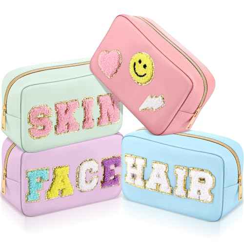 Sanwuta 4 Pcs Hair Face Skin Travel Bag Set Preppy Makeup Pouch PU Leather Skincare Bag Waterproof Cosmetic Organizer Birthday Christmas Gifts(Blue, Pink, Green, Purple,Fresh Style)