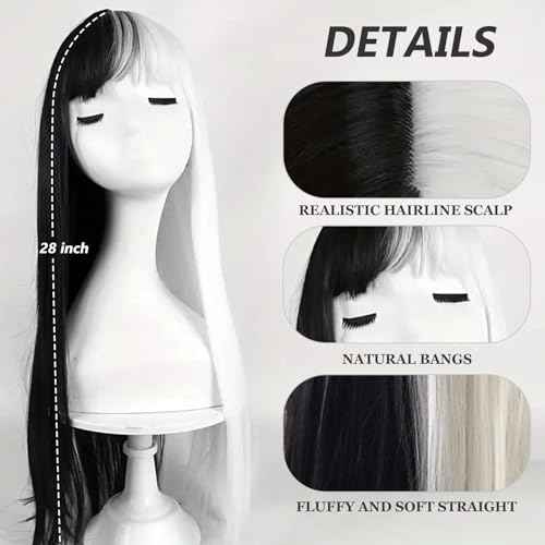 28 inch Long Straight Black and White Cosplay Wig with Bangs Natural Hair Fiber Synthetic Wig for Women and Girls, Perfect for Halloween,Holidays, Festivals, Christmas, Parties, and Cosplay