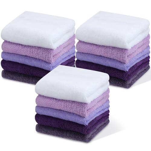 Tudomro 15 Pcs Washcloths Bulk 13 x 13 Inch 100% Cotton Wash Cloths Set Soft Absorbent Face Cloths Face Towels Quick Drying Hand Fingertip Towels for Hotel, Gym, Bathroom, Spa(Purple Series)