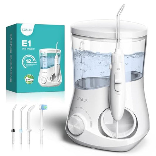 COSLUS Professional Water Flosser for Teeth: 12 Pressure Settings Electric Dental Pick for Tooth Cleaning, Sensitive Gums, Braces, Oral Care - Home Use, ??4 Jet Tips for Multiple Users, Family, White