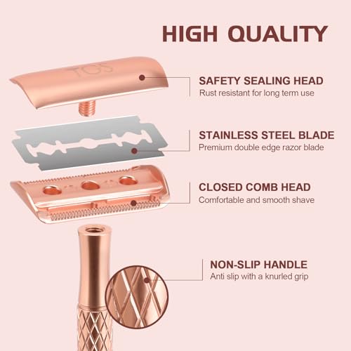 Double Edge Safety Razor for Women Rose Gold with Stand and Silicone Cover - Durable Metal Eco-Friendly Single Blade Safety Razor with 10 Blades- Closed Smooth Shave