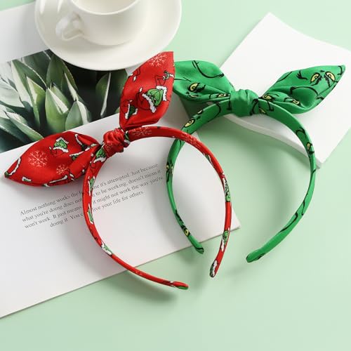 2PCS Christmas Bow Headband Green Monster Knotted Headwear Halloween Costume Hair Accessories New Year Party Gift