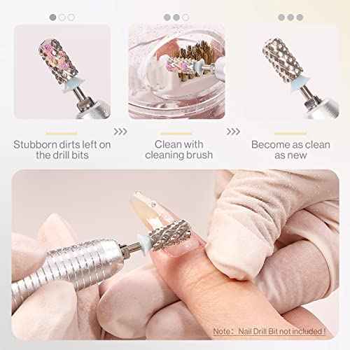 MelodySusie Nail Drill Bits Cleaner Brush Case Accessories with Clear Cover for Cleaning Tungsten Carbide Ceramic Nail Drill Bits Cuticle, Steel Wire & Nylon Double Brush - White