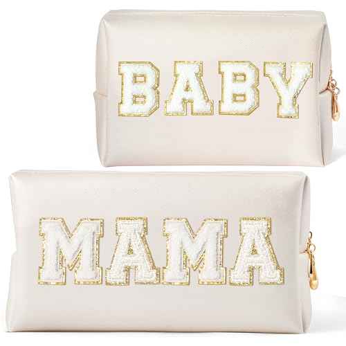 CY2SIDE MAMA Baby Letter Makeup Bag - 2PCS White MAMA and BABY Chenille Letter Patch Cosmetic Bag Pink PU Leather Patch Pouch Waterproof Portable Zipper Travel Organizer Case Xmas Gifts for Mom Women