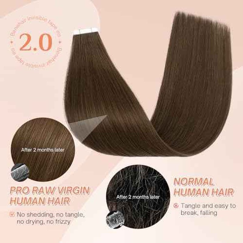 Benehair Tape in Hair Extensions Human Hair, Dark Brown Remy Hair Extensions Straight Human Hair Tape in Extensions Invisible 10pcs 20g 14 inch