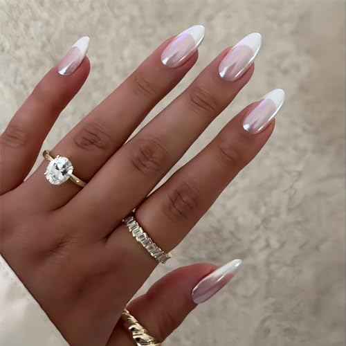 French Tip Press on Nails Almond Fake Nails Press ons with Designs Chrome False Nails Medium Glossy Full Cover Glue on Nails French Acrylic Stick on Nails for Women Nail Manicure Decoration 24Pcs