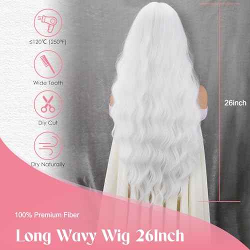 MERISIHAIR Long White Wavy Wig with Bangs 26 Inches Natural Looking Synthetic Heat Resistant Hair Wigs for Women Daily Party Cosplay Wigs