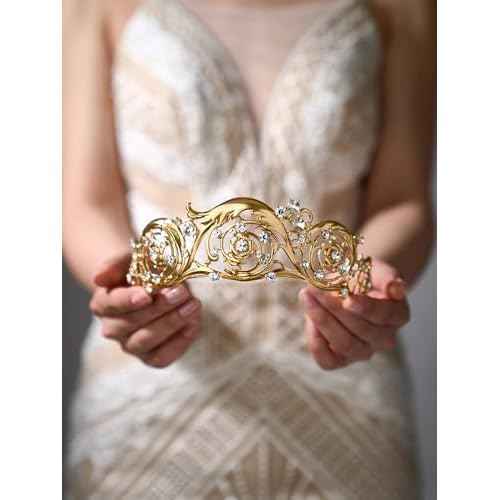 Classic Bridgerton Tiaras for Women, Royal Queen Crowns and Tiaras for Bride Wedding Bridal Birthday Quinceanera Pageant Party Prom,Halloween Costume Cosplay Accessories,Leilani Crystal Tiara,Gold