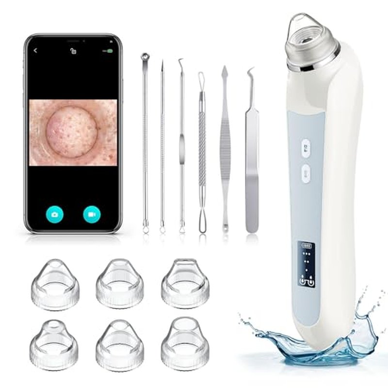 Facial Pore Blackhead Remover Vacuum, 1080P Camera Blackhead Remover, 20x Zoom, 8 LEDs £¦ 3 Suction Modes, 800mAh Battery & USB - 6 Heads Pore Cleaner Kit for Women&Men(White)