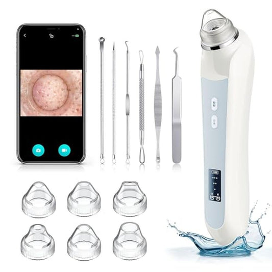 Facial Pore Blackhead Remover Vacuum, 1080P Camera Blackhead Remover, 20x Zoom, 8 LEDs £¦ 3 Suction Modes, 800mAh Battery & USB - 6 Heads Pore Cleaner Kit for Women&Men(White)