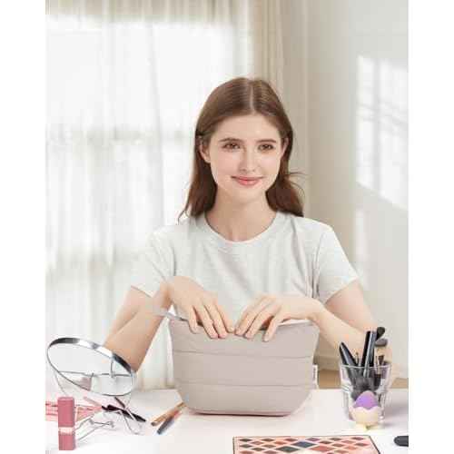 Narwey Small Makeup Bag for Travel Women Girl, Puffer Cosmetic Bag Makeup Pouch for Purse with Zipper, Cute Puffy Make Up Organizer Bags, Travel Toiletry Bag Toiletries (Khaki)
